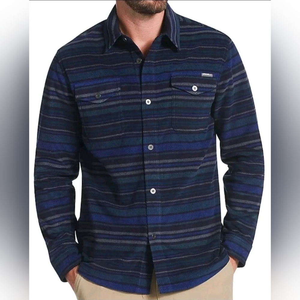 Eddie Bauer - Long-Sleeve Chutes Fleece Button-Up Shirt | Blue Stripe | Medium
